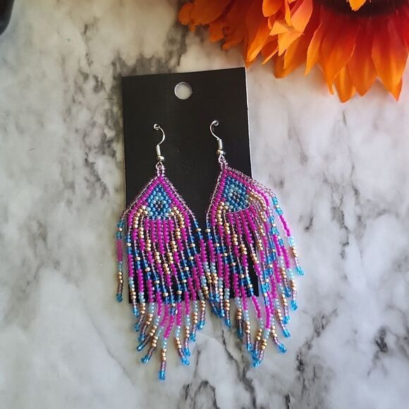 Colorful Beads Tassel Dangle Pink and Blue Earrings Retro Bohemian Style - Picture 6 of 10